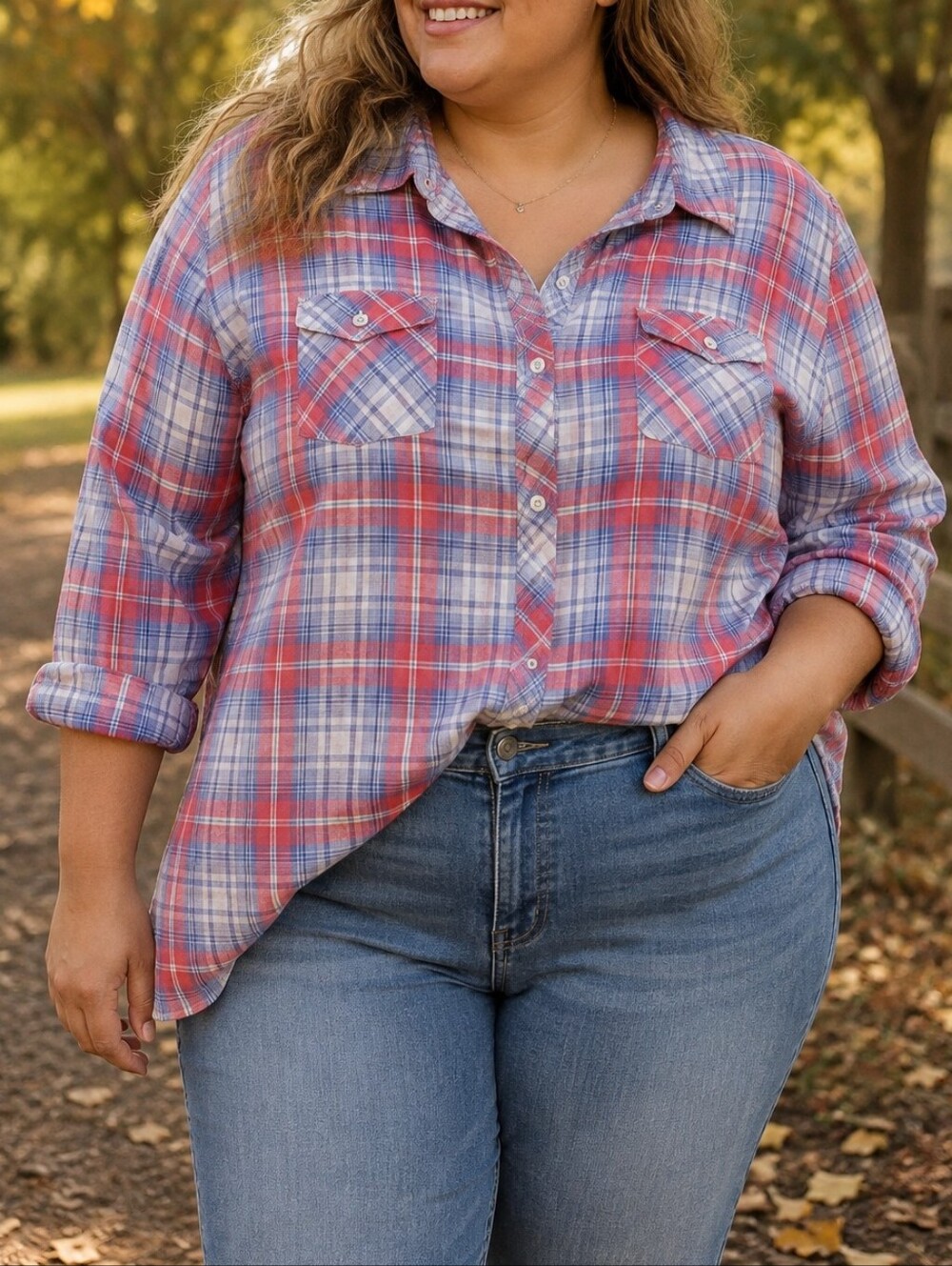 BLL 100% Cotton Red Blue Plaid Button Down Shirt Plus Size Long Sleeve Casual